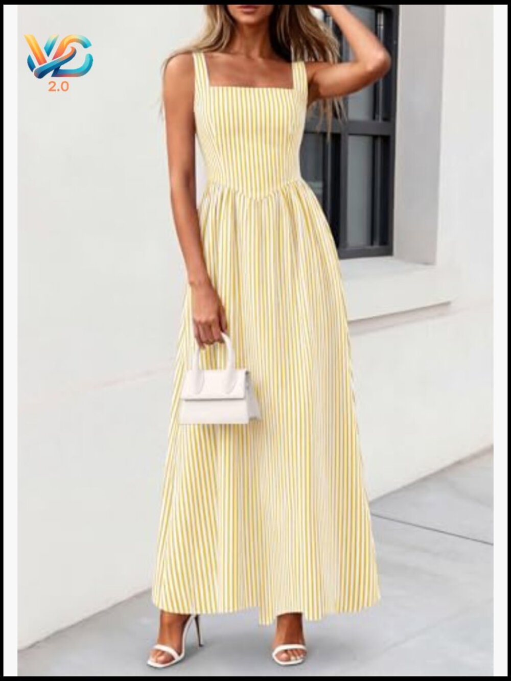 Women's Striped Maxi Dress Fit & Flare Square Neck Sleeveless Summer Sundress - Picture 4 of 7